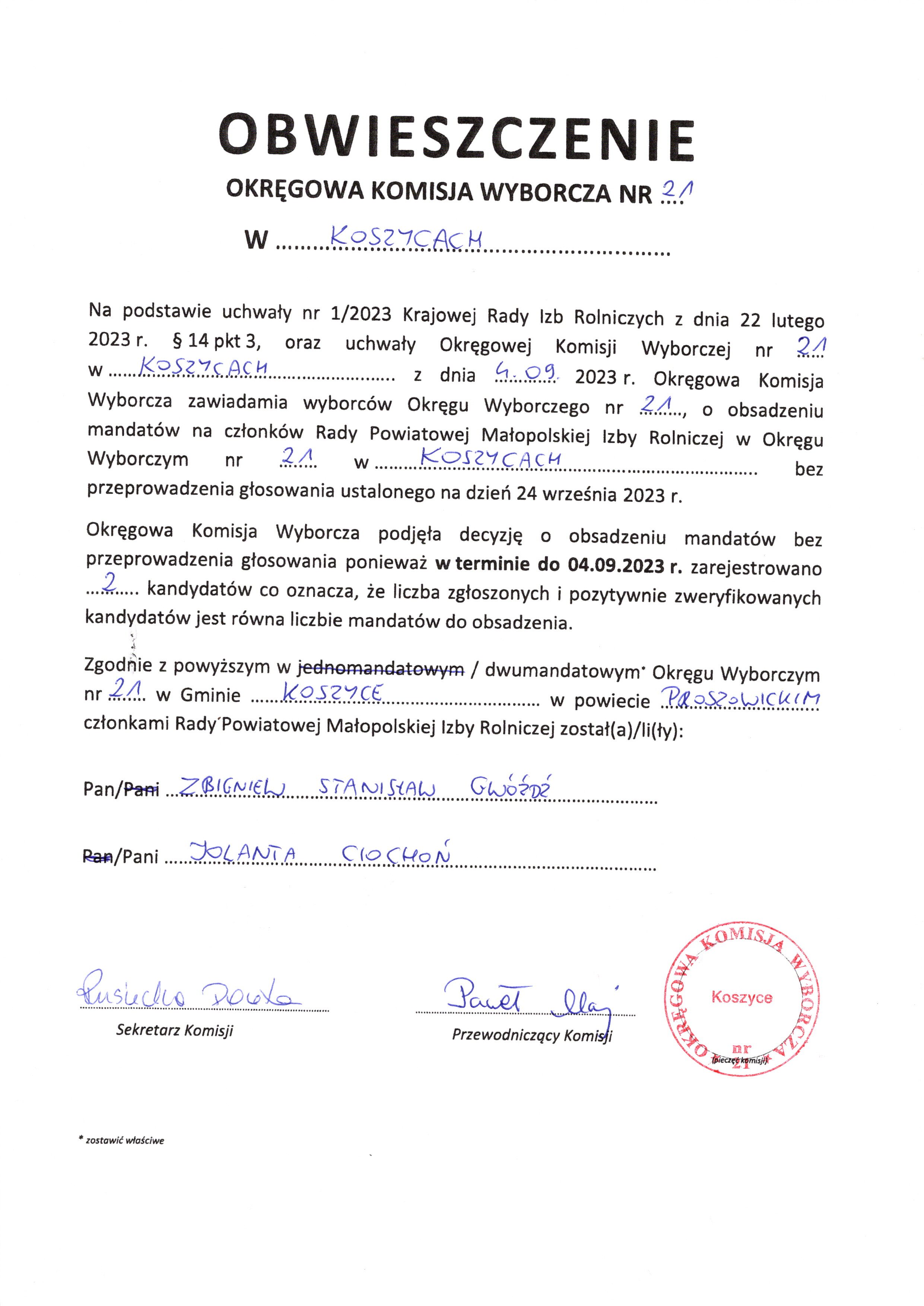 Obwieszczenie Okręgowej Komisji Wyborczej nr 21 o obsadzeniu mandatów na członków Rady Powiatowej Małopolskiej Izby Rolniczej bez przeprowadzenia głosowania